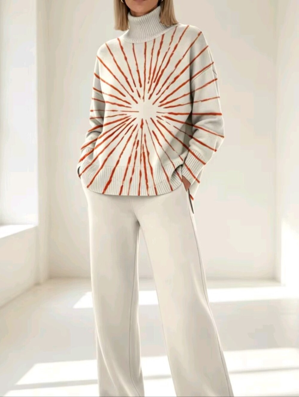 Women's Printed Knit Sweater Set Turtleneck Long sleeve Top & Wide Leg Pants